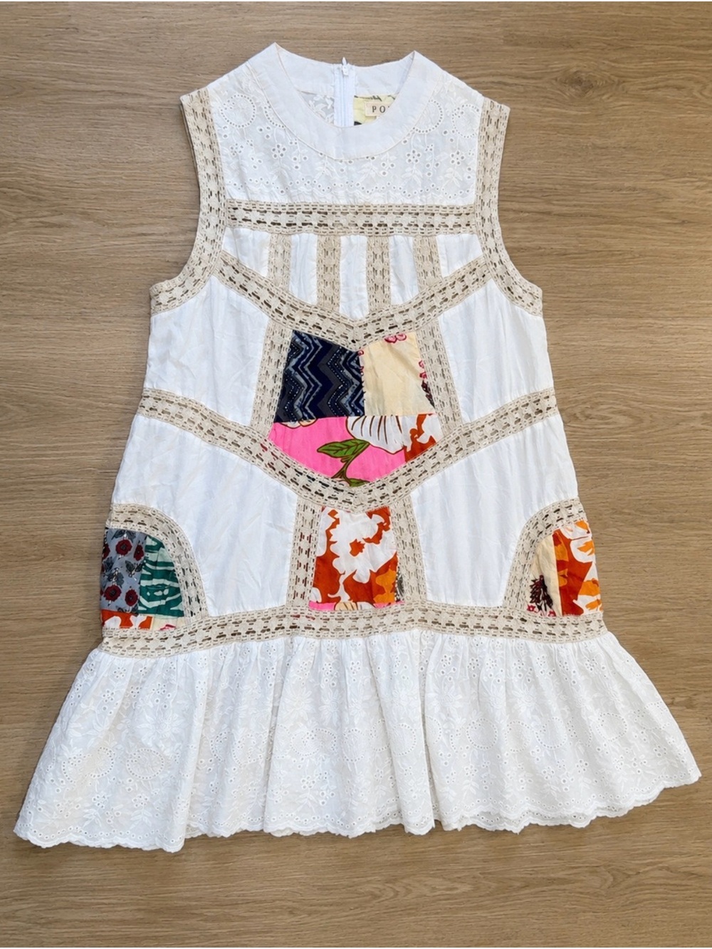 POL White Eyelet Patchwork Sleeveless Dress with Multi-Color Panels